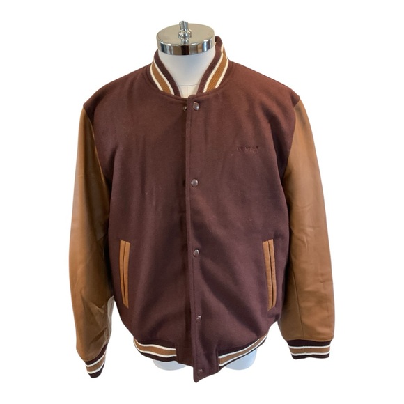 Levi's Mixed Media Mens Sz L Varsity Faux Leather Wool Blend Brown Jacket NWT - Picture 1 of 9